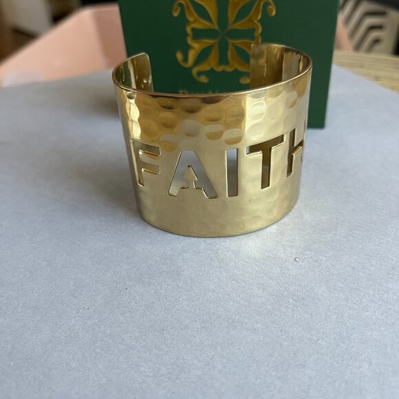 Rustic Cuff Hammered Gold Brass Wide Cuff Bracelet FAITH Cutout EUC aprox 2" - Picture 2 of 4